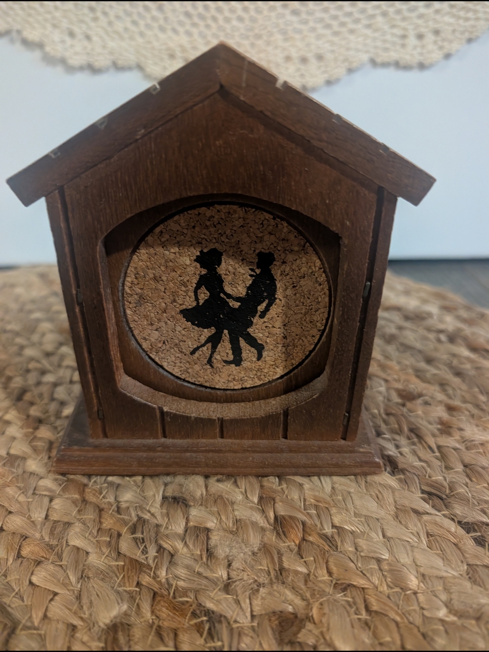 Rustic Wooden House Coaster Holder with Cork Dance Silhouette